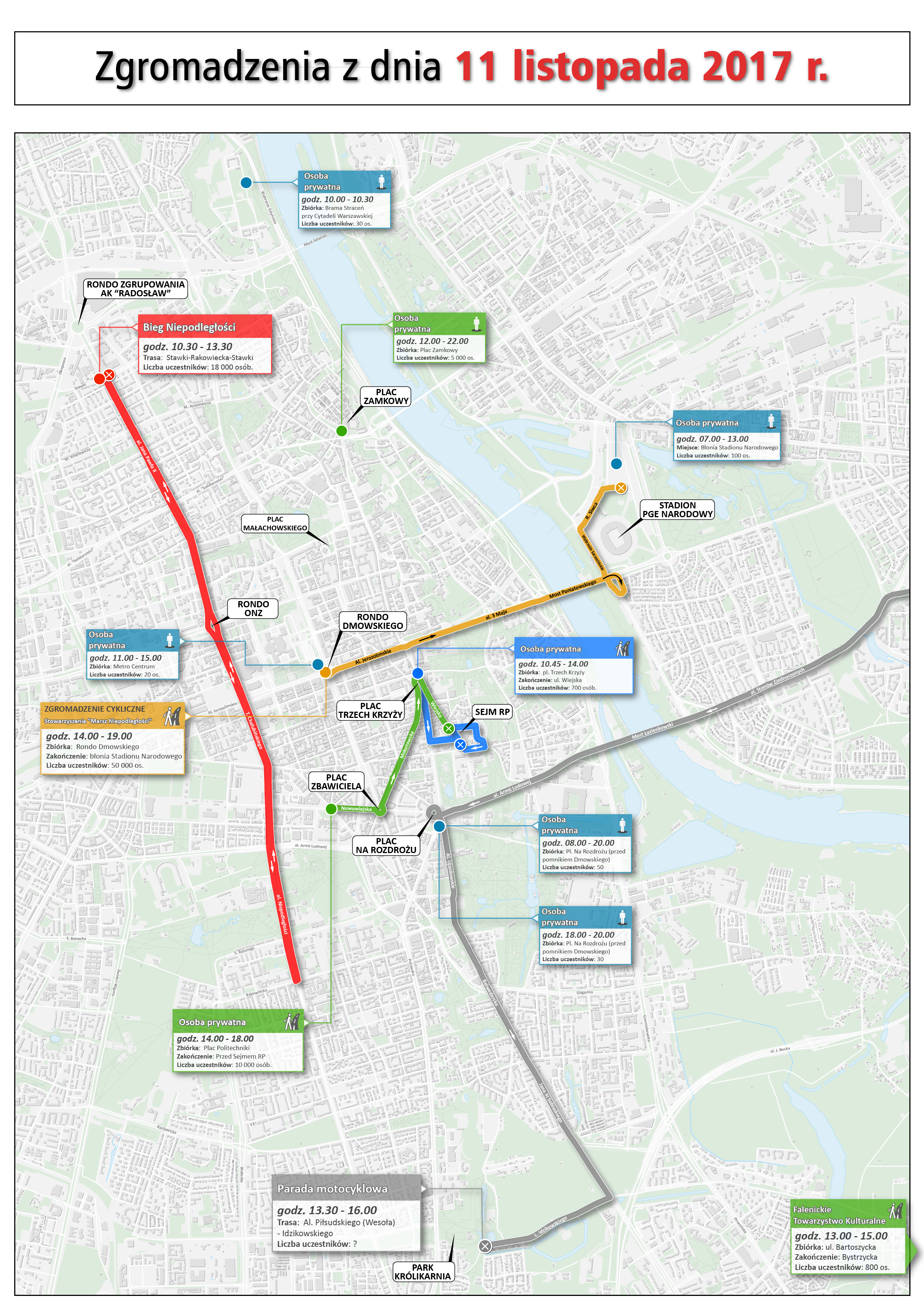 Mapa utrudnień na 11 listopada 2017 r.