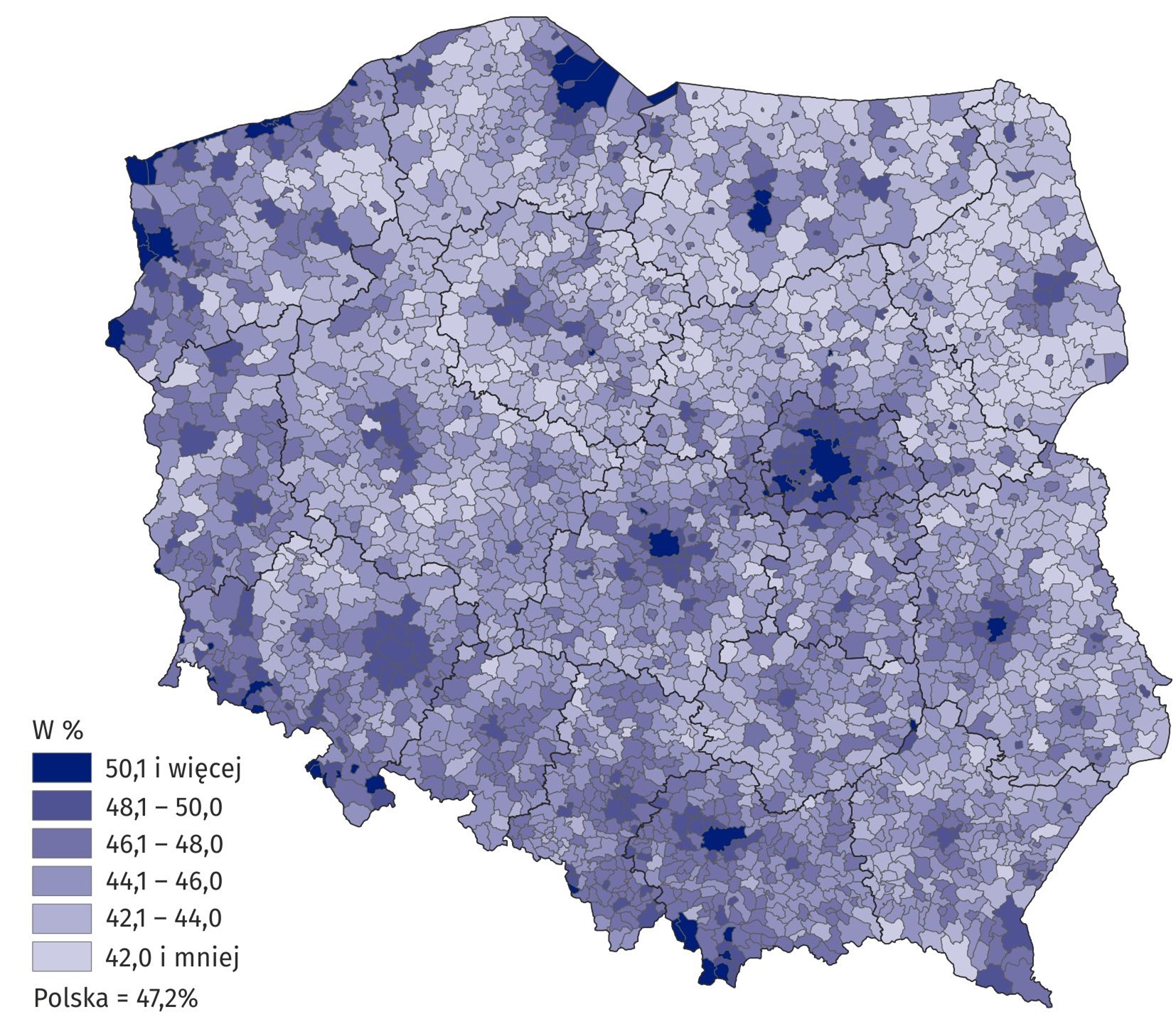 Mapa. 1. Udział kobiet w ogólnej liczbie pracujących w gospodarce narodowej według gminy zamieszkania w 2023 r.