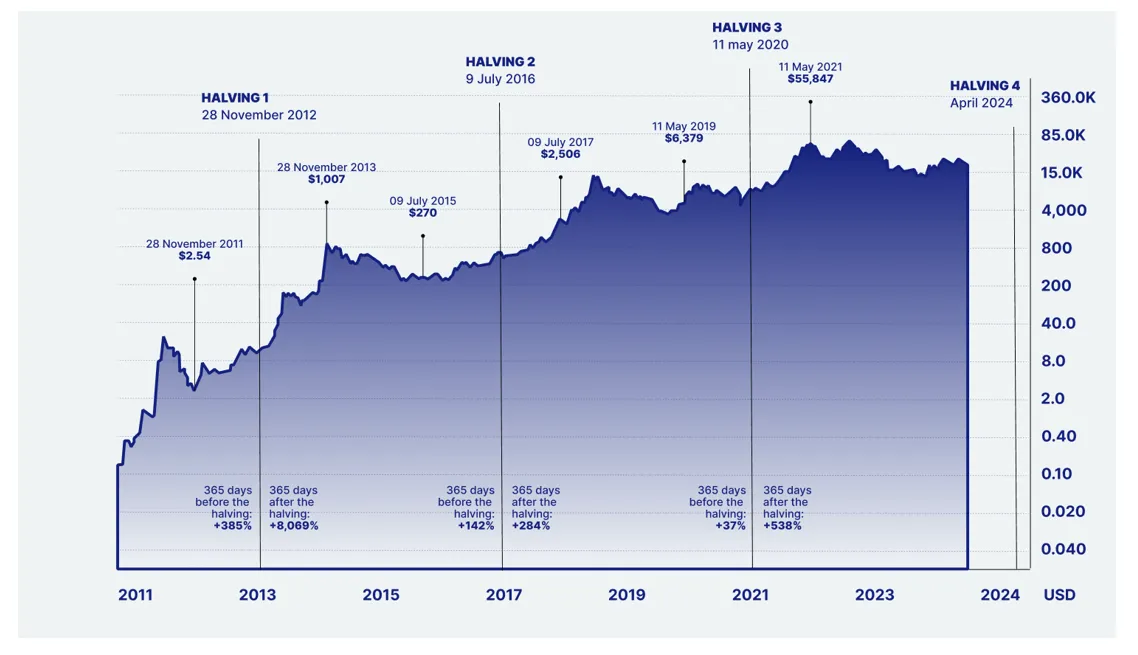 Wzrosty cen Bitcoina po poprzednich halvingach. Źródło: Relai.