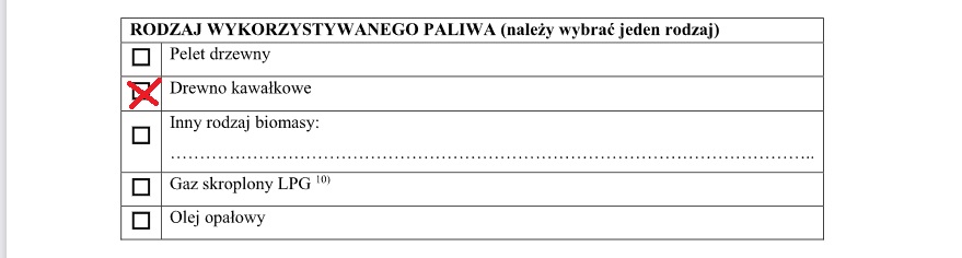 Jak wypełnić wniosek o dodatek do drewna - rodzaj wykorzystywanego paliwa