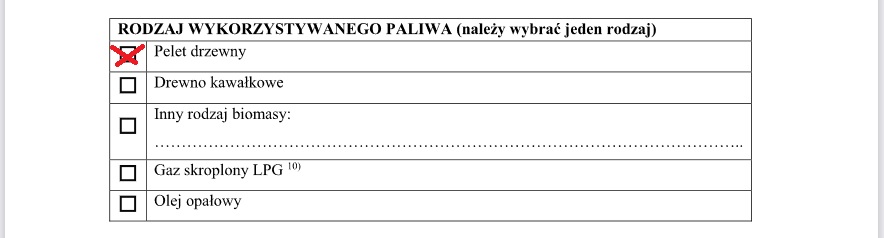 Jak wypełnić wniosek o dodatek do pelletu - rodzaj wykorzystywanego paliwa