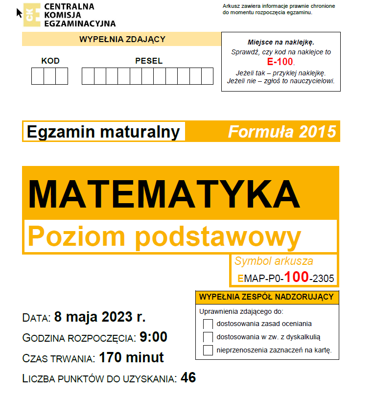 Matematyka - arkusz egzaminacyjny Formuła 2015 r. 