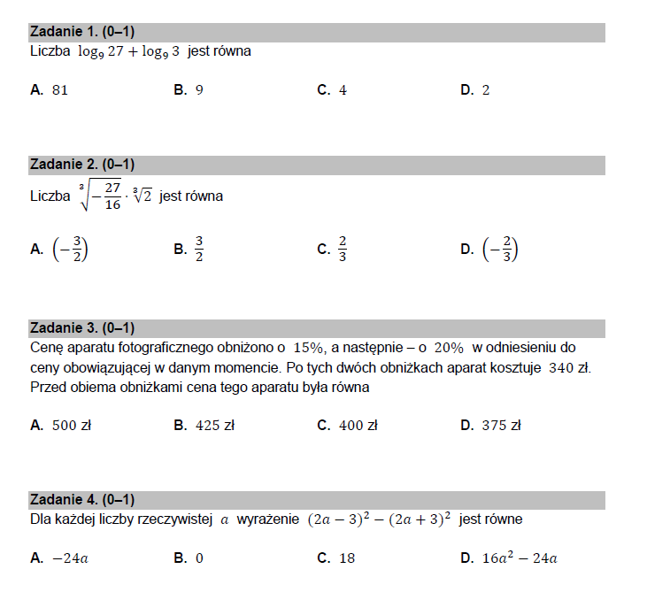 Przykładowe zadania z arkusza egzaminacyjnego dla matematyki dla Formuły 2015 r.