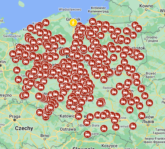 Mapa protestów rolników 20 marca 2024 r.