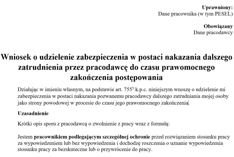 Wzór wniosku pracownika o zabezpieczenie w postaci dalszego zatrudniania. Daje ochronę po zwolnieniu z pracy [nowość od 22 września]