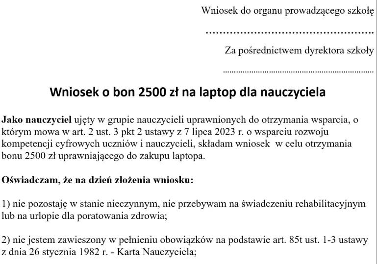 Wzór wniosku o bon 2500 zł na laptop dla nauczyciela