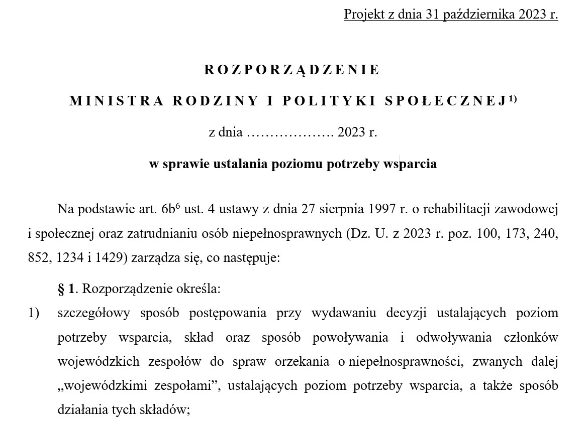 Pełny projekt rozporządzenia MRiPS w sprawie ustalania poziomu potrzeby wsparcia [świadczenie wspierające 2024 r.]
