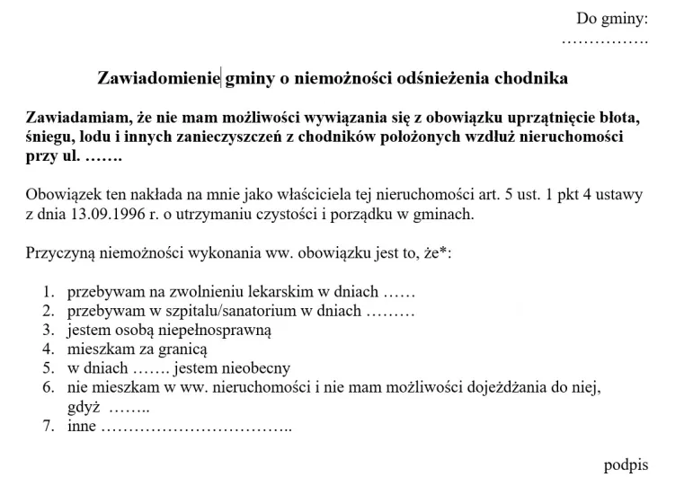 Wzór: Zawiadomienie gminy o niemożności odśnieżenia gminnego chodnika przed Twoim domem