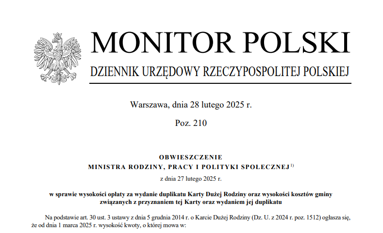 Obwieszczenie Ministra Rodziny, Pracy i Polityki Społecznej z 27 lutego 2025 r. w sprawie wysokości opłaty za wydanie duplikatu Karty Dużej Rodziny oraz wysokości kosztów gminy związanych z przyznaniem tej Karty oraz wydaniem jej duplikatu