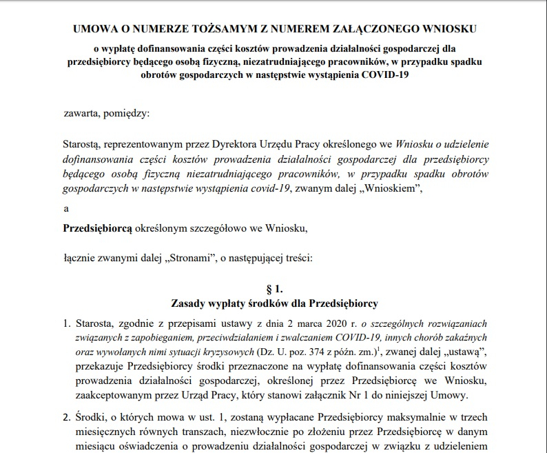 Umowa o wypłatę dofinansowania części kosztów prowadzenia działalności gospodarczej dla przedsiębiorcy będącego osobą fizyczną, niezatrudniającego pracowników, w przypadku spadku obrotów gospodarczych w następstwie wystąpienia COVID-19 /Ministerstwo Rodziny, Pracy i Polityki Społecznej