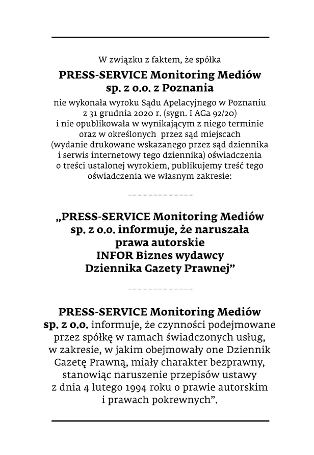 PRESS-SERVICE Monitoring Mediów sp. z o.o. informuje, że naruszała prawa autorskie INFOR Biznes wydawcy Dziennika Gazety Prawnej