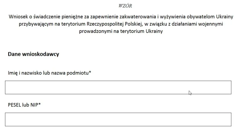 wzór wniosku o świadczenie pieniężne za zapewnienie zakwaterowania i wyżywienia obywatelom Ukrainy