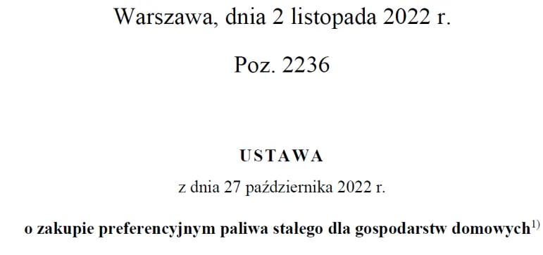 ustawa z 27 października 2022 r. o zakupie preferencyjnym paliwa stałego dla gospodarstw domowych [pdf]