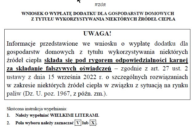 Wzór wniosku o dodatek do pelletu, oleju, gazu, drewna [zmiany od 27 października 2022 r.]