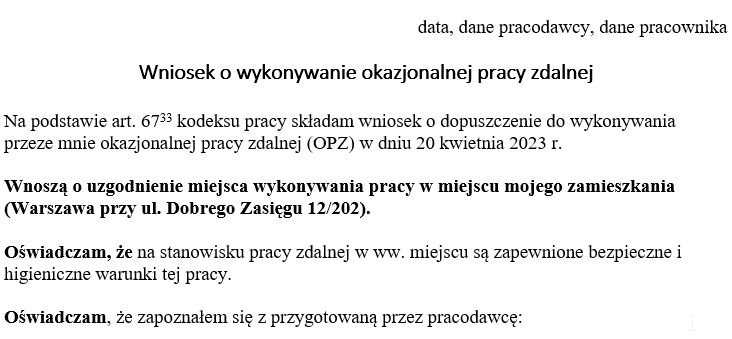 wzór wniosku - praca zdalna okazjonalna 7 kwietnia 2023 r.