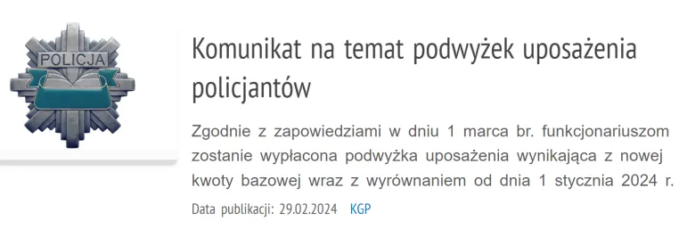 Komunikat KGP: 1 marca 2024 r. wypłata podwyżek dla policjantów [20% kwoty bazowej]. W marcu na kontach +20% dodatku za stopień. Wyrównania od 1 stycznia 2024 r. .