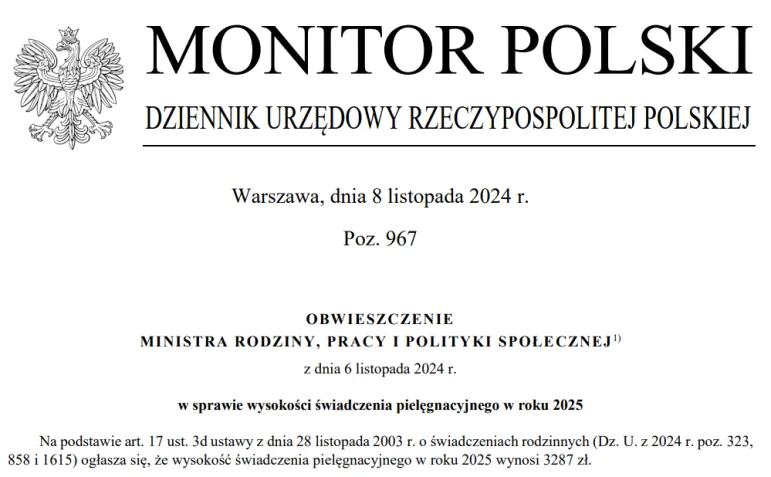 Zmiany w 2025 r. Rząd ustalił świadczenie pielęgnacyjne na 3287 zł. Podwyżka o 10%. Taka sama jak podwyżka pensji minimalnej 4666 zł brutto