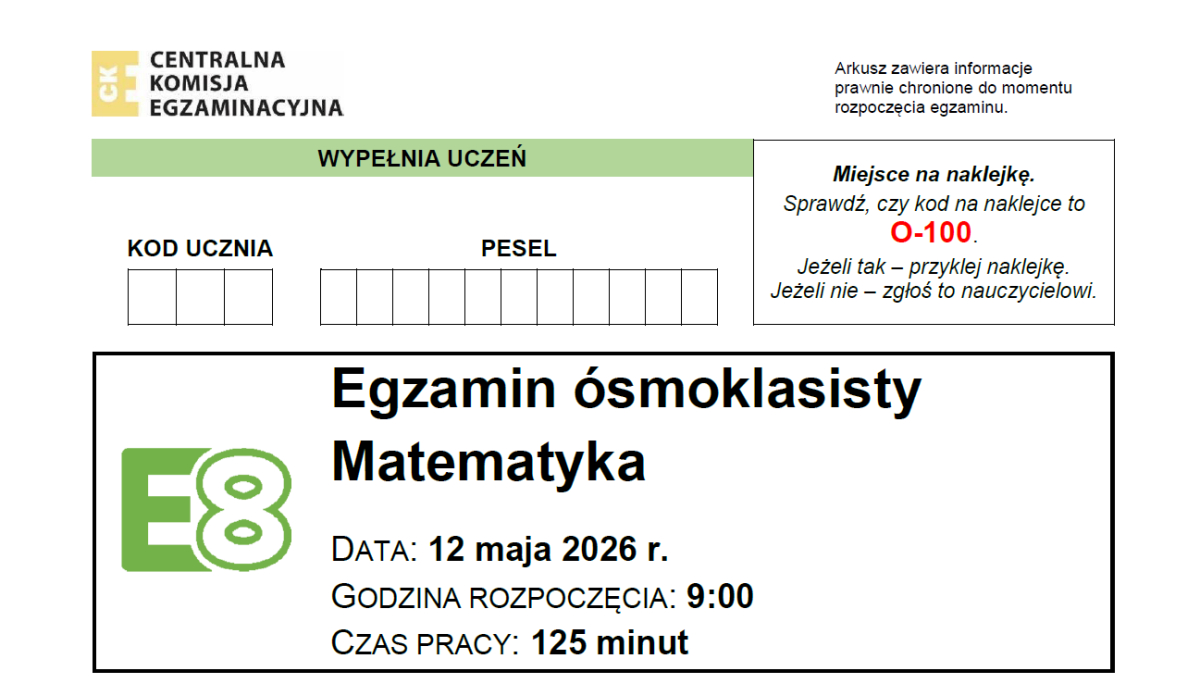 Egzamin ósmoklasisty. Matematyka. Zeszyt zadań egzaminacyjnych. Karta rozwiązań [12 V 2026]