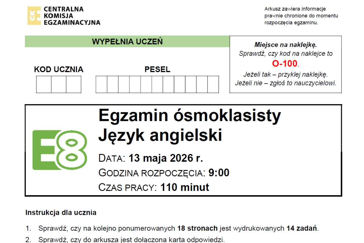 Egzamin ósmoklasisty 2026 r. Język angielski. Zeszyt zadań egzaminacyjnych