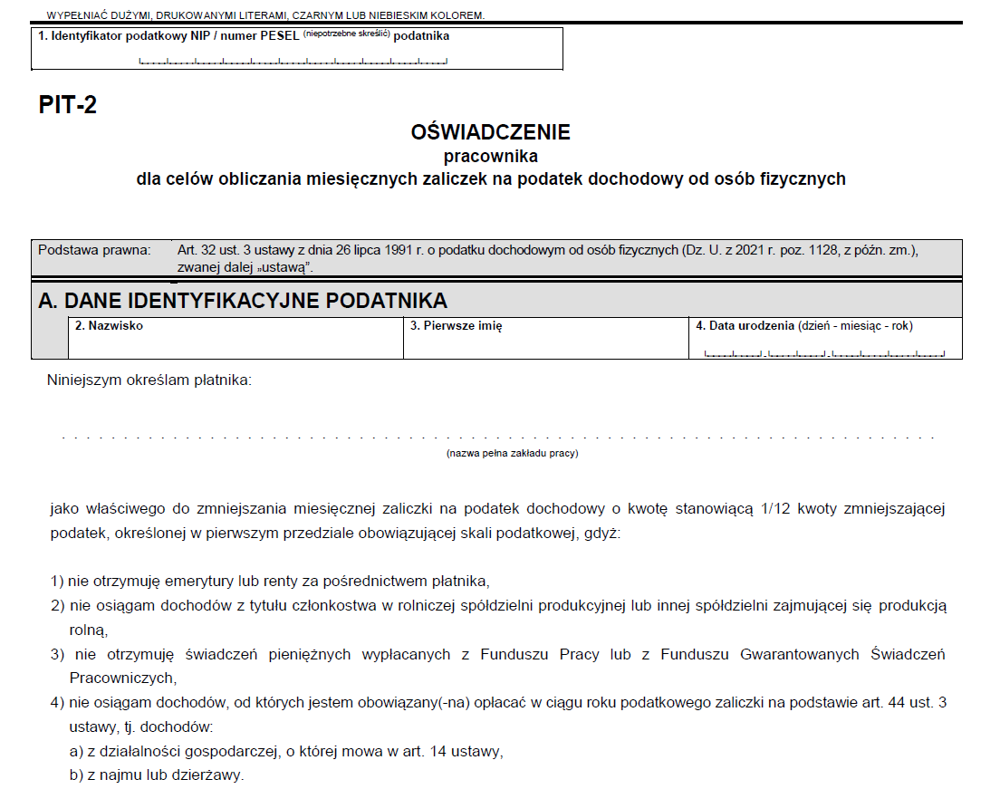 Formularz PIT-2(7) - część A