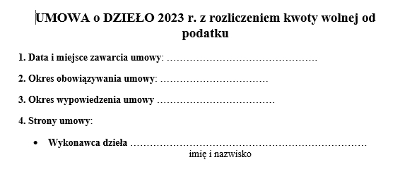 Wzór: umowy o dzieło na 2023 r. z rozliczeniem kwoty wolnej od podatku [PIT-2]