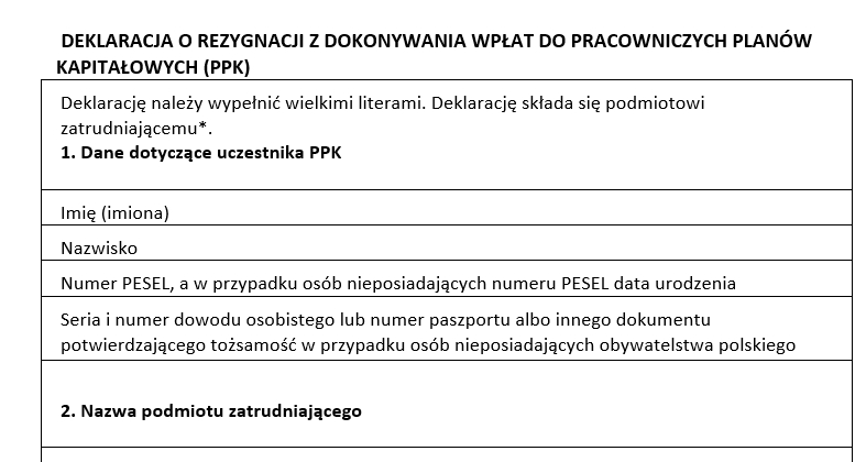 Wzór deklaracji o rezygnacji z PPK po autozapisie [od 1 marca 2023 r.]