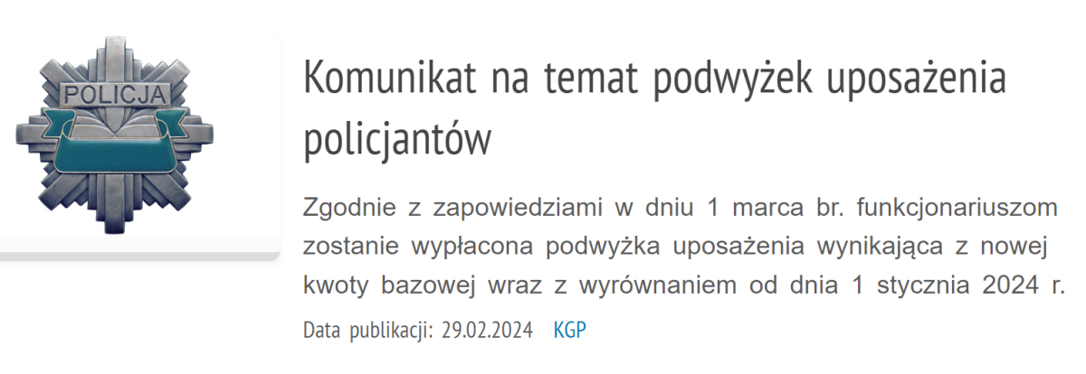 Komunikat KGP: 1 marca 2024 r. wypłata podwyżek dla policjantów [20% kwoty bazowej]. W marcu na kontach +20% dodatku za stopień. Wyrównania od 1 stycznia 2024 r. .