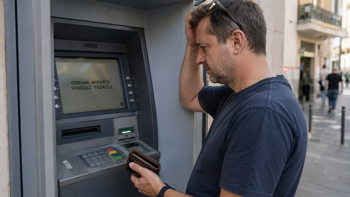 Mężczyzna próbujący wypłacić pieniądze w bankomacie