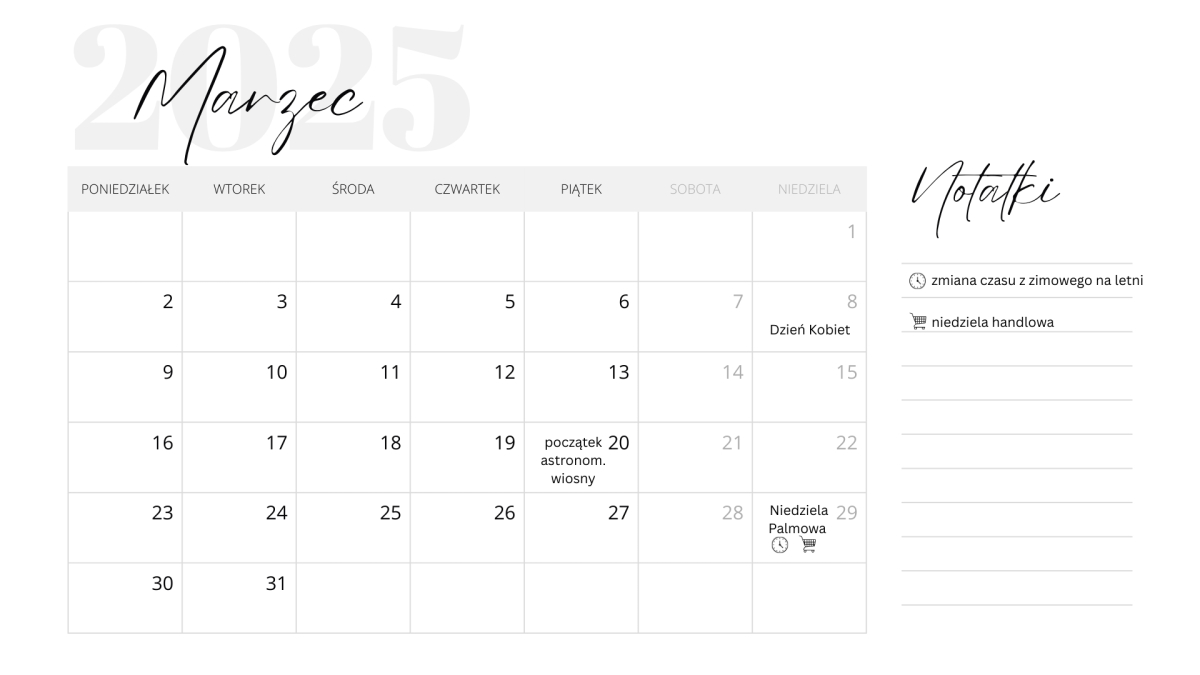Marzec 2026: kalendarz do druku