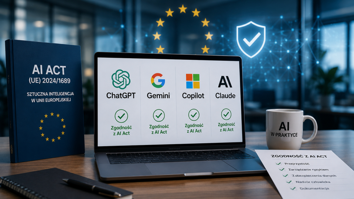 ChatGPT, Gemini, Copilot i Claude na ekranie komputera obok dokumentacji dotyczącej AI Act i zgodności systemów sztucznej inteligencji z unijnymi regulacjami.