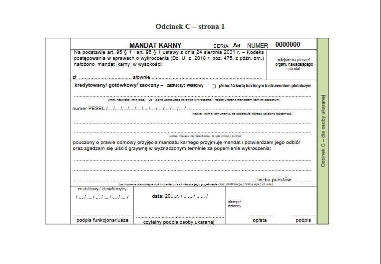 Mandat karny wzór 2019 C1