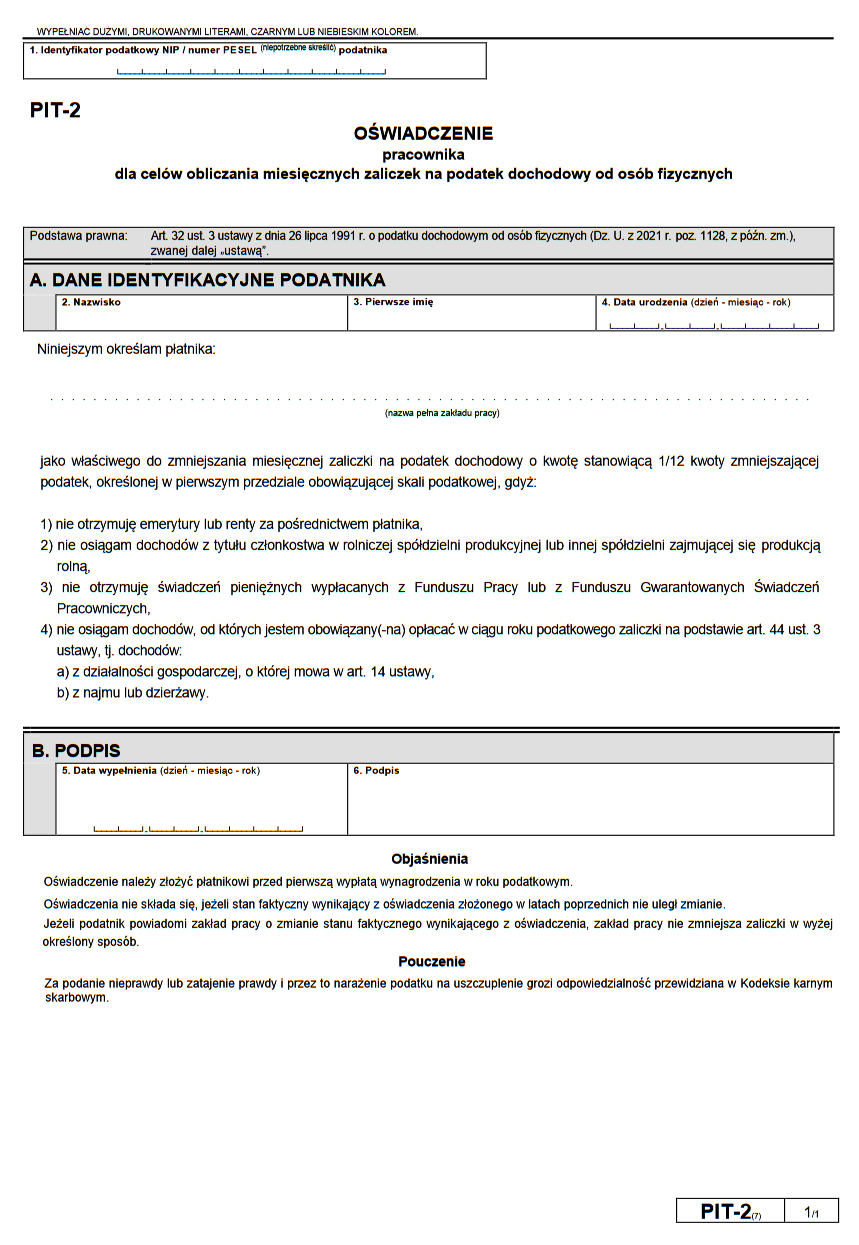 PIT-2 formularz 2022 - nowy wzór (wersja 7) od 10 stycznia