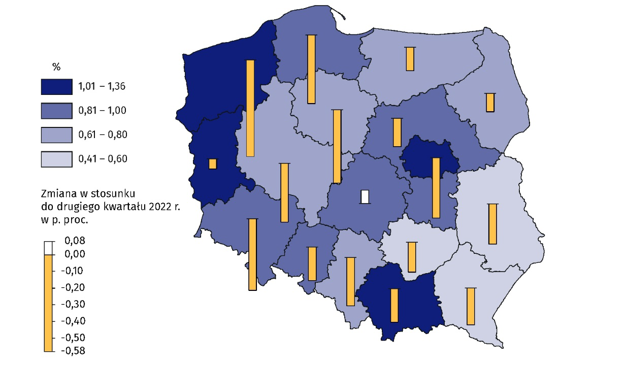 Mapa 1. Wskaźnik wolnych miejsc pracy w regionach (NUTS 2) w drugim kwartale 2023 