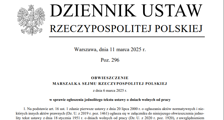 Obwieszczenie Marszałka Sejmu Rzeczypospolitej Polskiej z 6 marca 2025 r. w sprawie ogłoszenia jednolitego tekstu ustawy o dniach wolnych od pracy