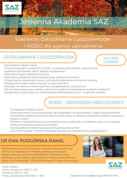Jesienna Akademia SAZ | Zatrudnianie cudzoziemców i RODO dla agencji zatrudnienia, 18.10.2018 GDAŃSK