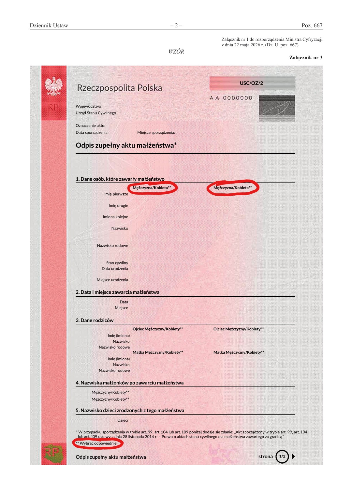 wzór nowego aktu małżeństwa po transkrypcji zagranicznego - umożliwia wybór dowolnej płci każdemu małżonkowi