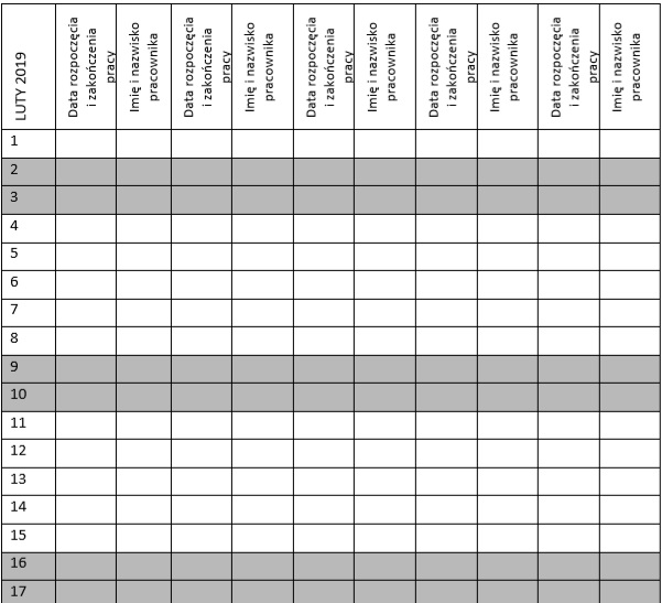 Lista obecności pracownika w pracy 2019 - wzór