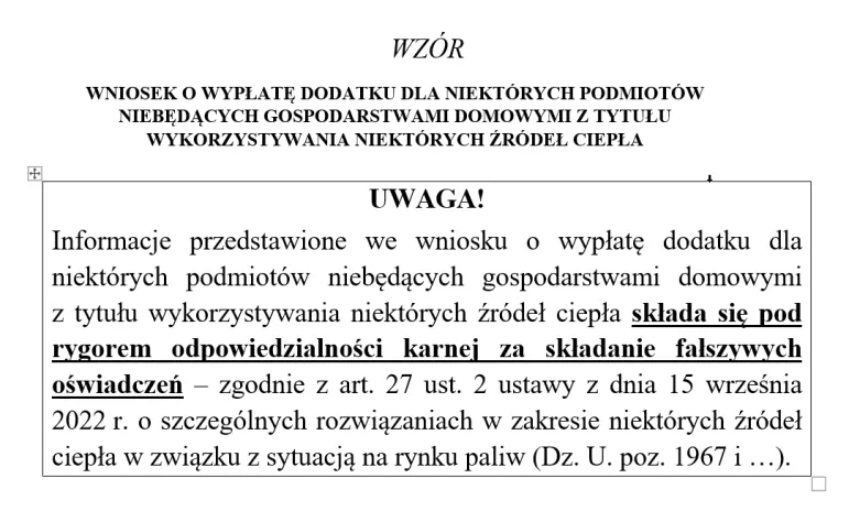 Dodatek do pelletu, drewna, gazu, oleju, wzór wniosku