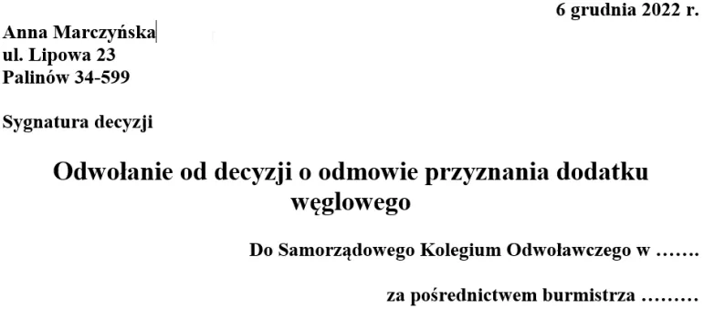 Wzór: Odwołanie od decyzji odmownej w sprawie przyznania dodatku węglowego