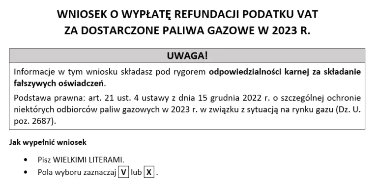 Wzór: dodatek do gazu, jak wypełnić, zwrot VAT