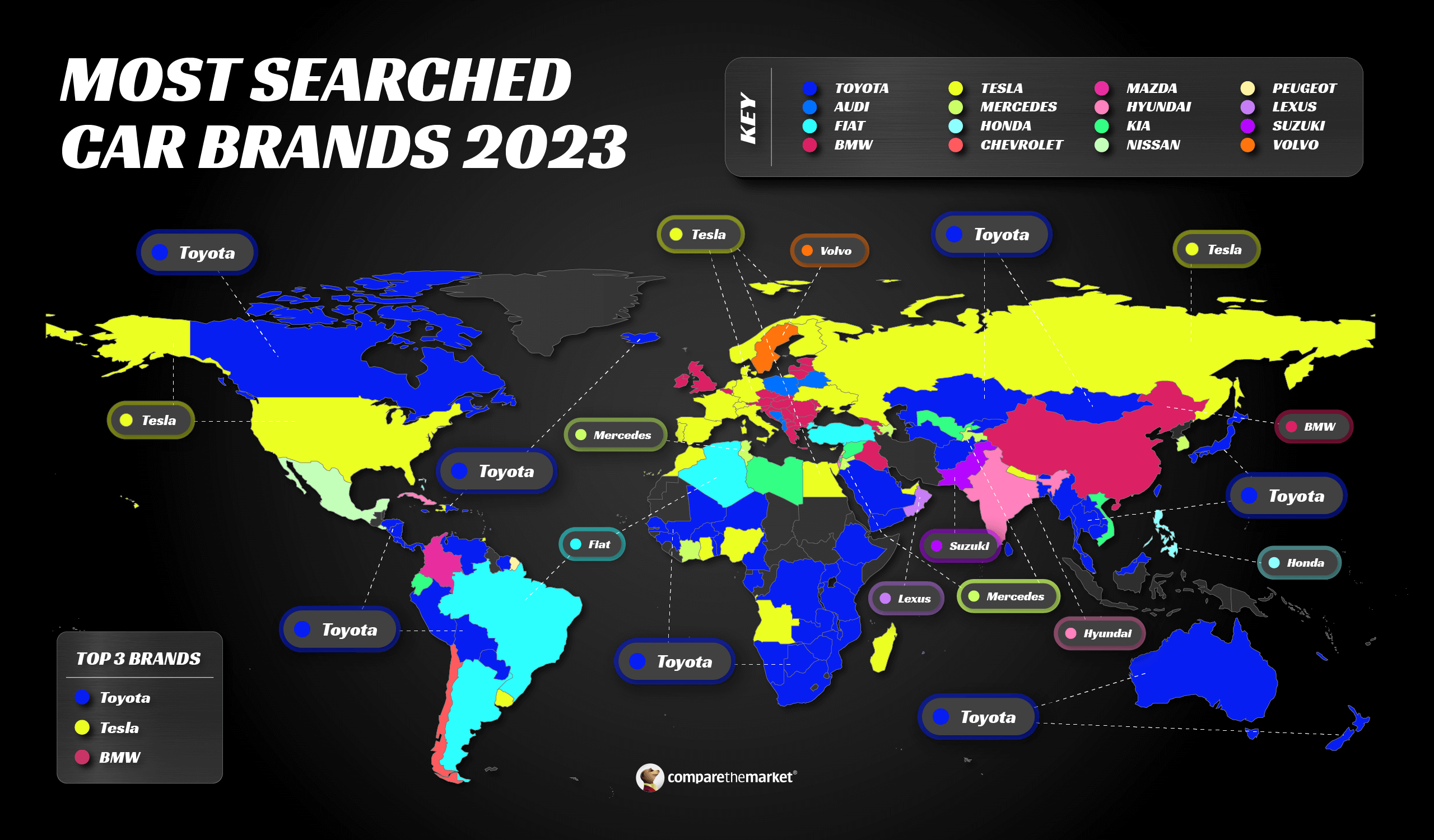 Toyota najczęściej wyszukiwaną marką na świecie w 2023 r., Tesla jedną z najczęściej wyszukiwanych marek na świecie w 2023 r.