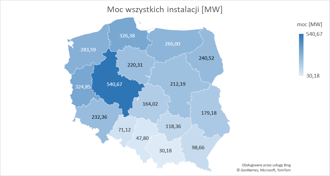 moc instalacji wg wojewodztw