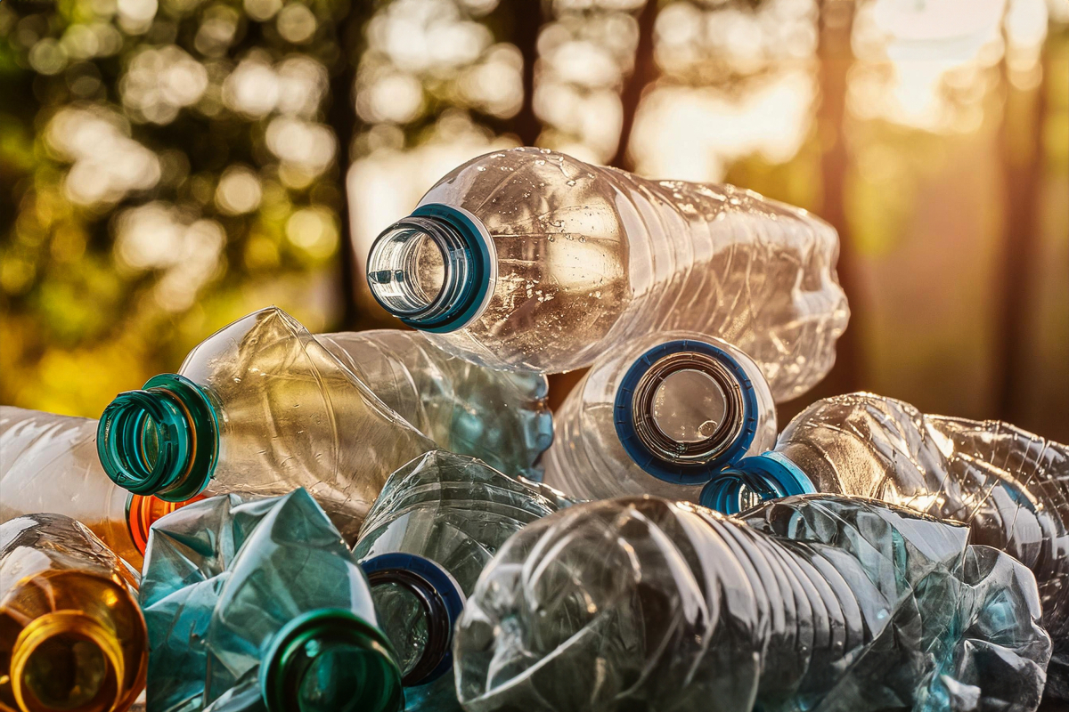 plastikowe butelki jedna na drugiej, w tle drzewa i zachodzące słońce