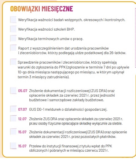 lipiec 2021 obowiązki kadrowe