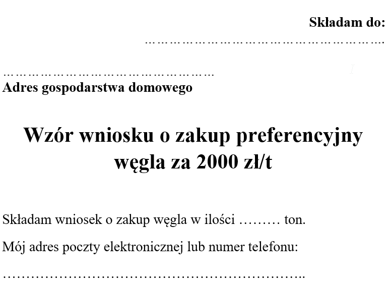 Wzór wniosku o zakup preferencyjny węgla. Bez telefonu lub emaila taniego węgla nie kupisz [Word]