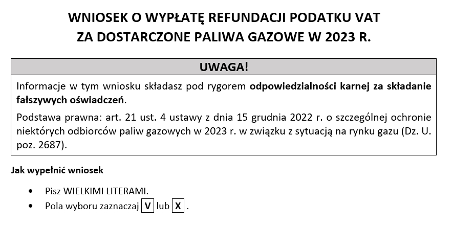 Wzór: dodatek do gazu, jak wypełnić, zwrot VAT