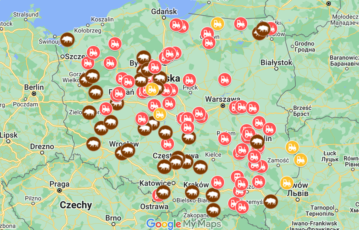 protest rolników mapa blokad luty