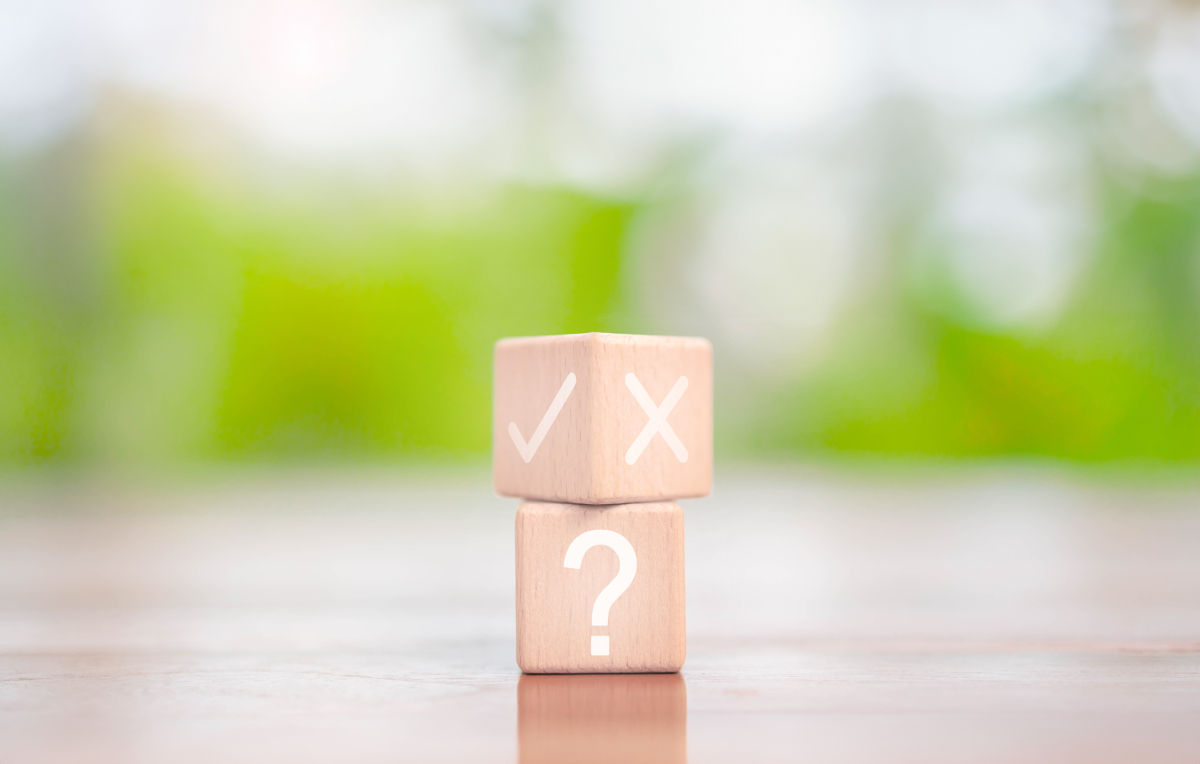 Wood,Block,Shows,Question,Check,Right,And,Wrong,Marks.,Concept