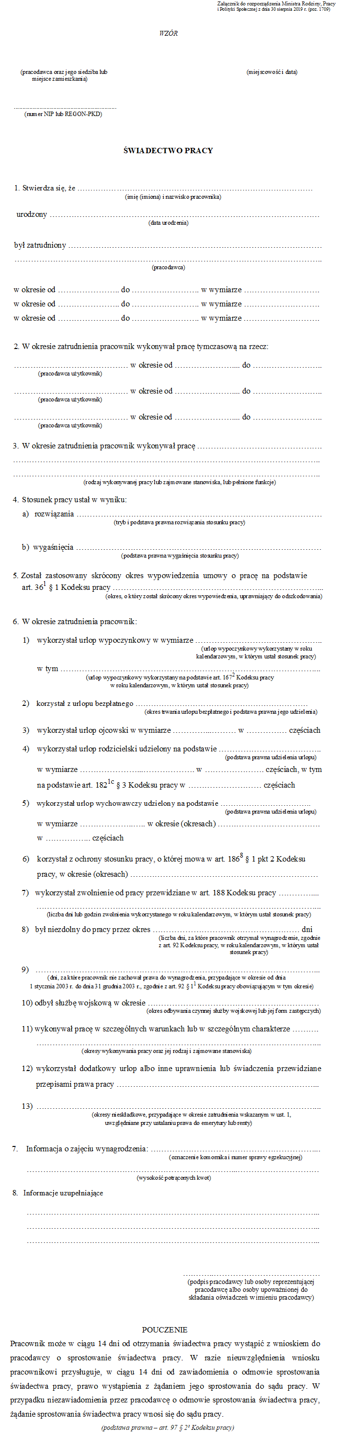 świadectwo pracy po 7 września 2019 r. 