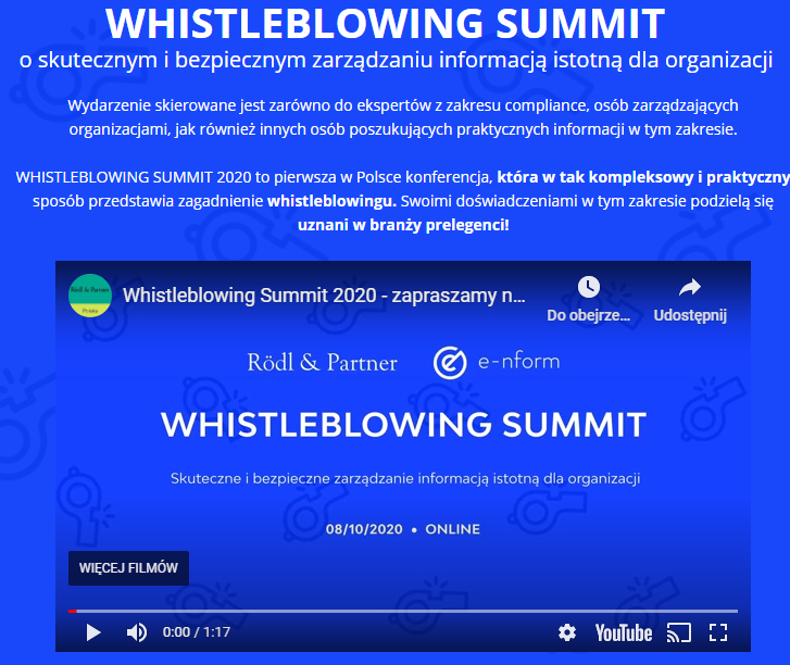 WHISTLEBLOWING SUMMIT 2020 (konferencja online) 8 października 2020 r.